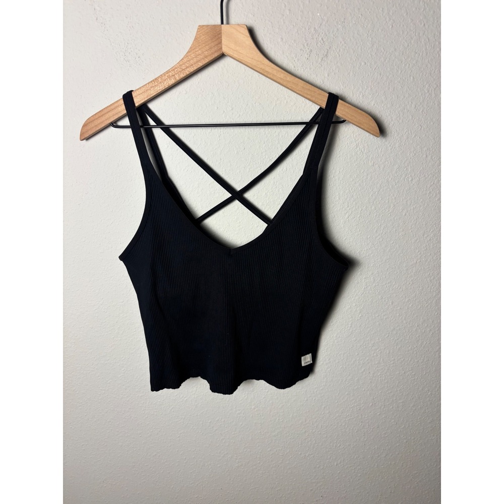 Vuori Womens Rib Crop Tank Black Strappy Crisscross Back VW189 Size XL